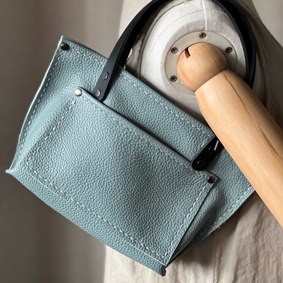 Handmade Mini Sea Foam Blue Leather Tote Bag - Picture 3 of 13